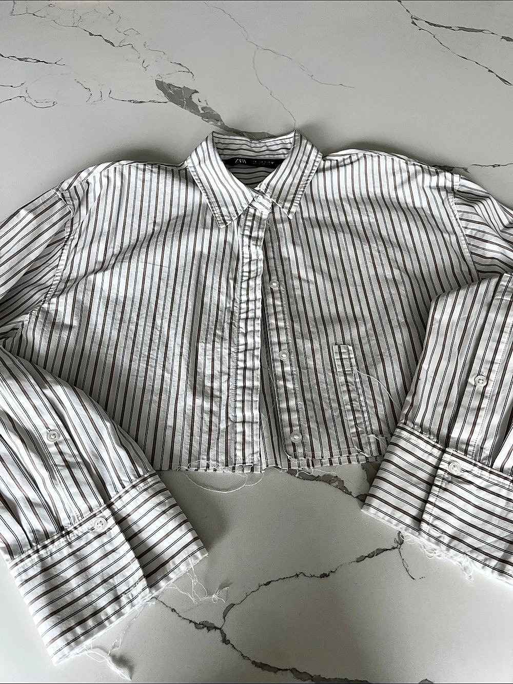 Zara Striped Button Down in White & Brown Size Medium